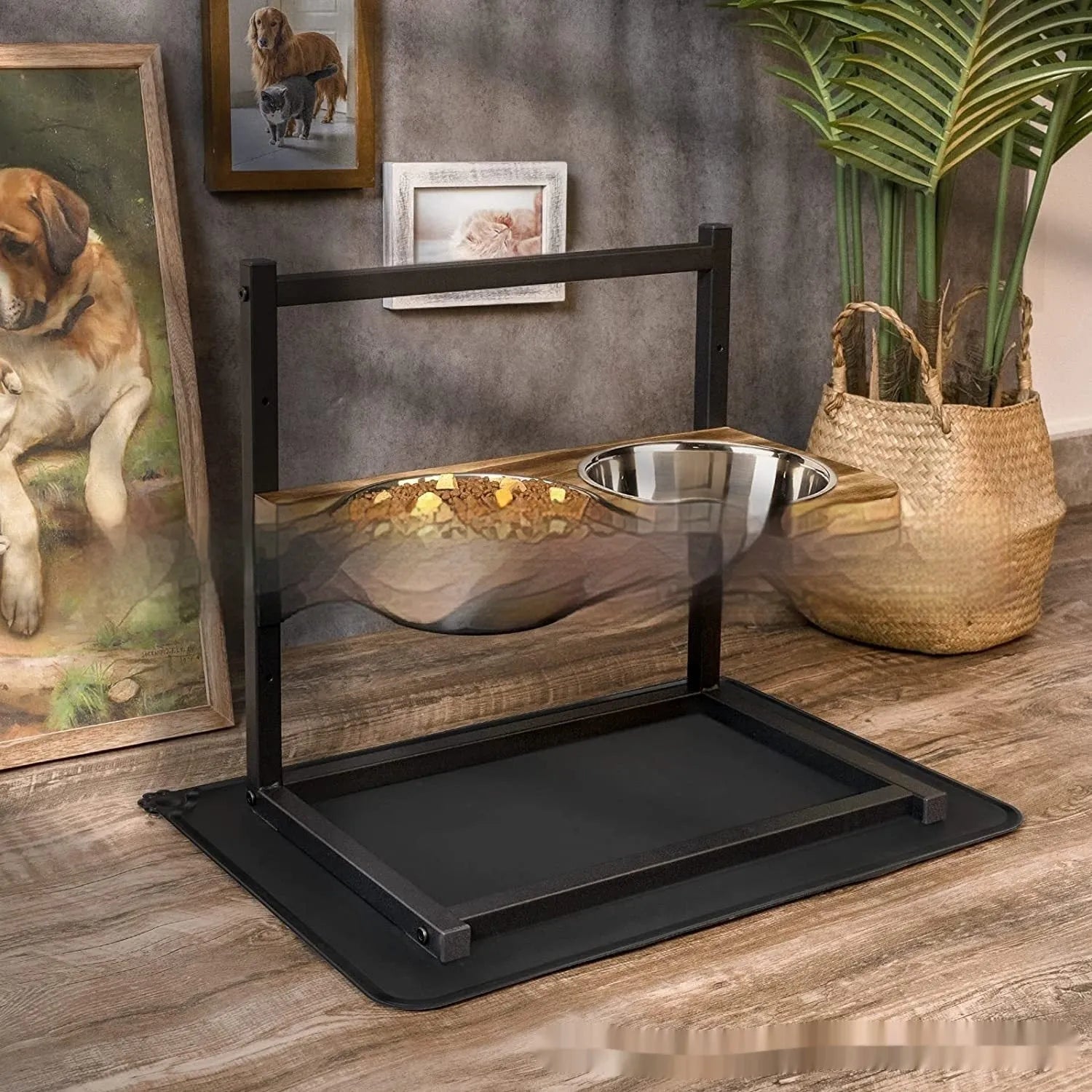 Black iron dog bowl rack holding two bowls for pet food and water
