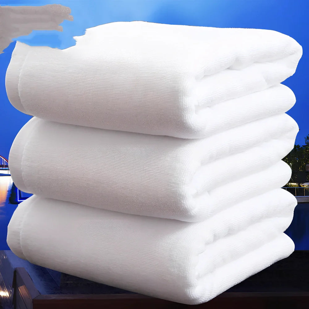 White 100% cotton bath towel, 21-strand yarn, 26-30s absorption, sizes 70x140cm to 150x200cm, weights 350-1000g