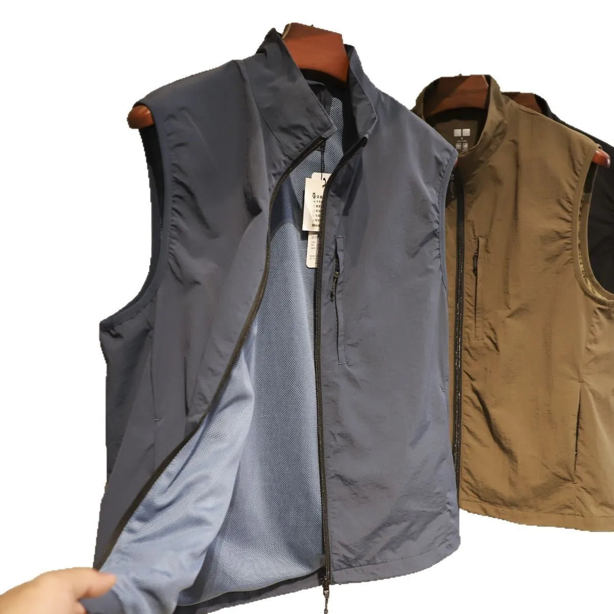 Men's straight-cut nylon vest cardigan in army green with side pockets