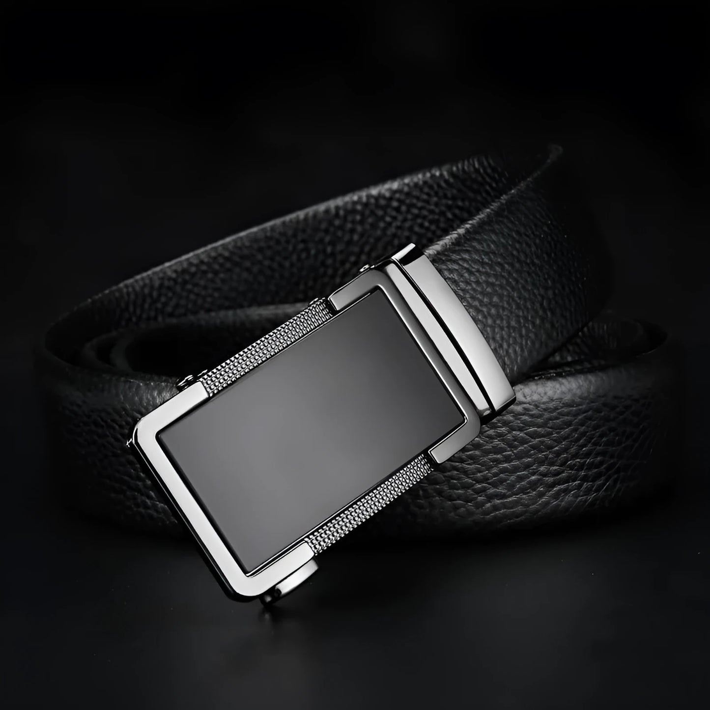 Men's leather belt with automatic buckle in gold, silver and gun black colours showing comfort click mechanism