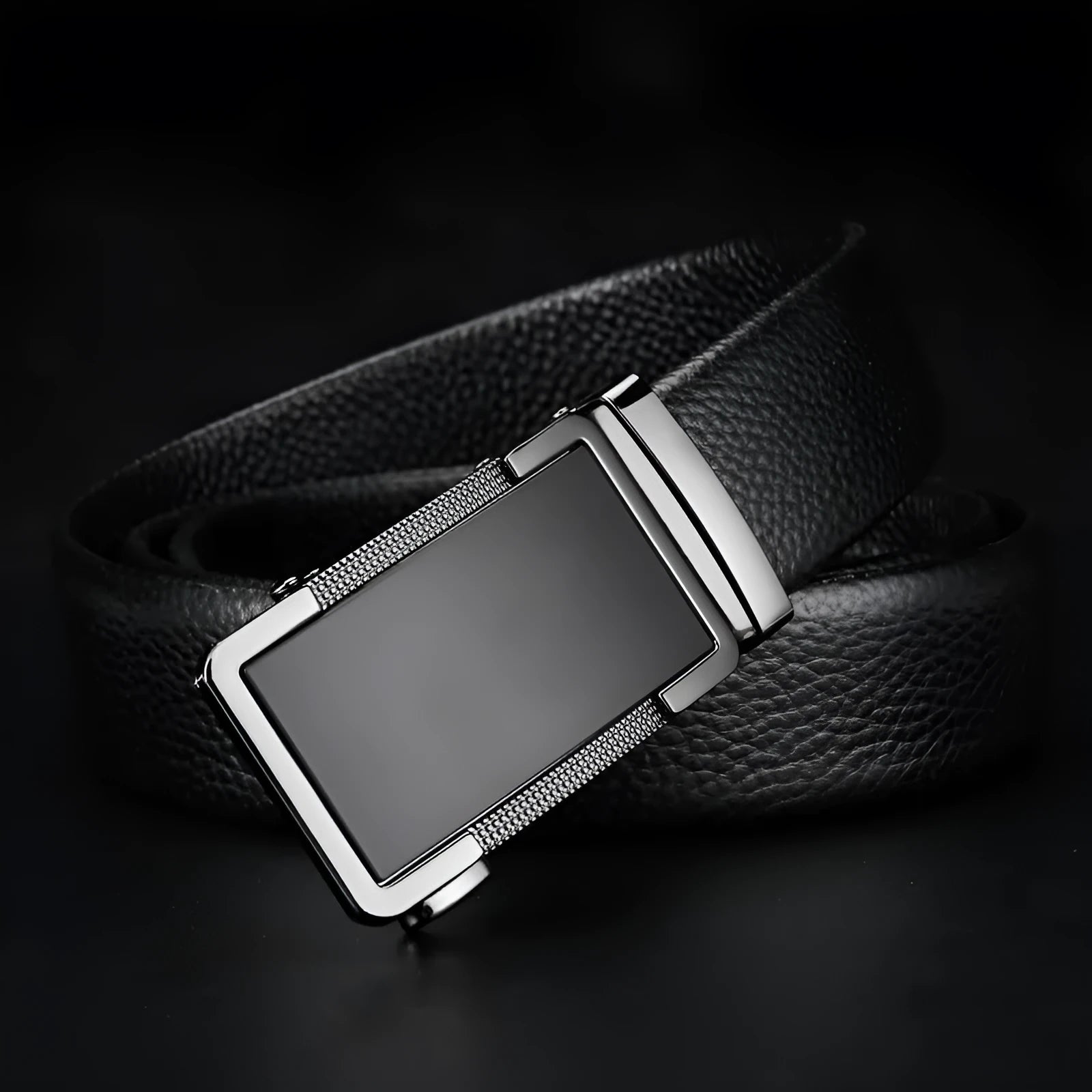 Men's leather belt with automatic buckle in gold, silver and gun black colours showing comfort click mechanism