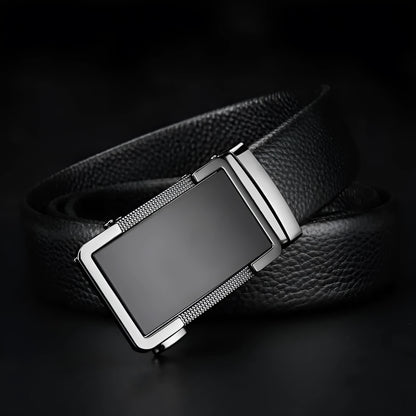Men's leather belt with automatic buckle in gold, silver and gun black colours showing comfort click mechanism