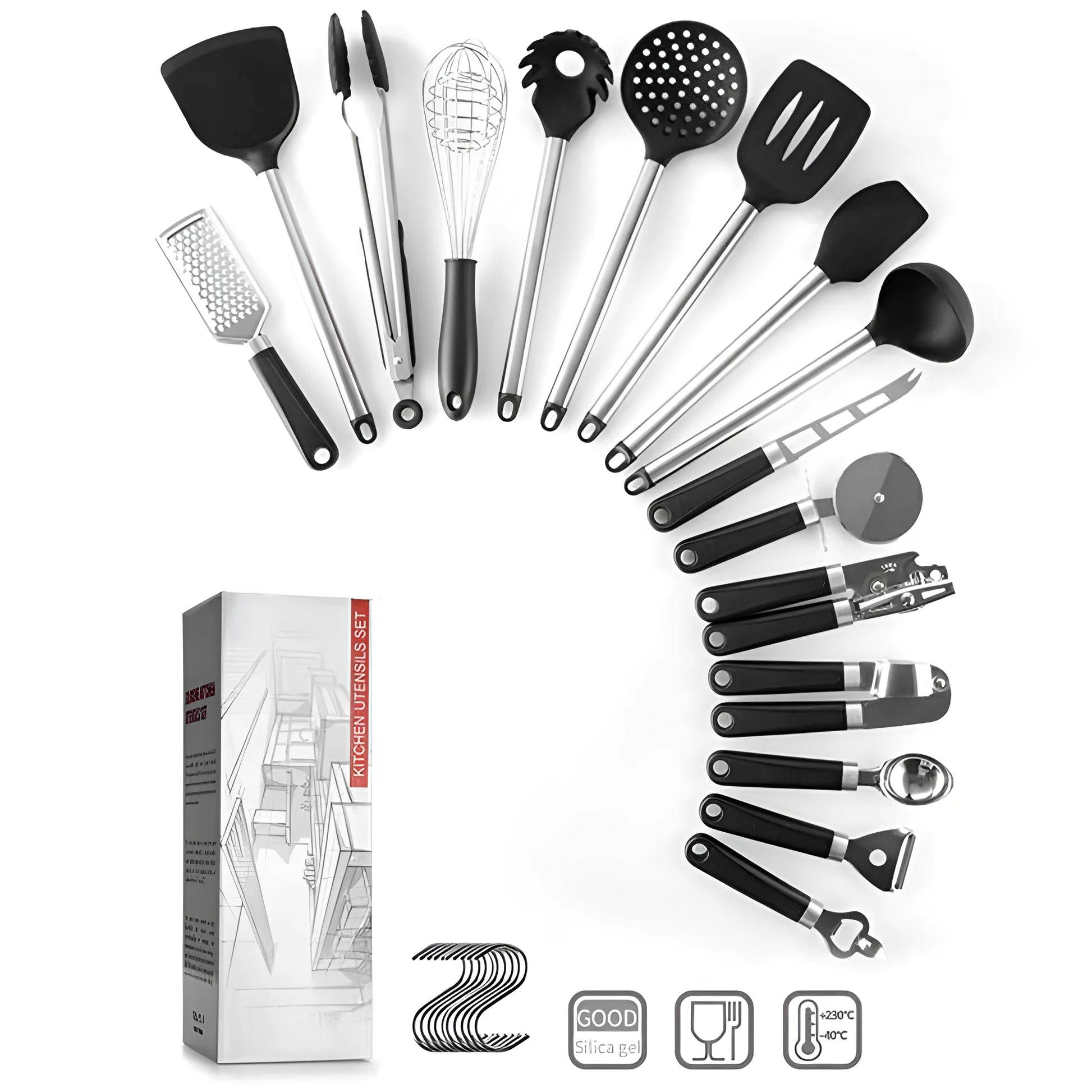 Black silicone spatula spoon set with stainless steel handles, 16 pieces for cooking and baking