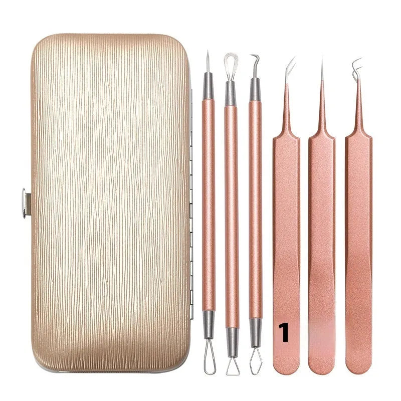 Stainless steel 6-piece acne remover beauty tool set in rose gold finish