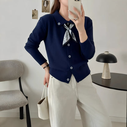 Lazy Fashion grey cardigan sweater with an attached scarf lapel, long sleeves, and an oversized free-size fit.