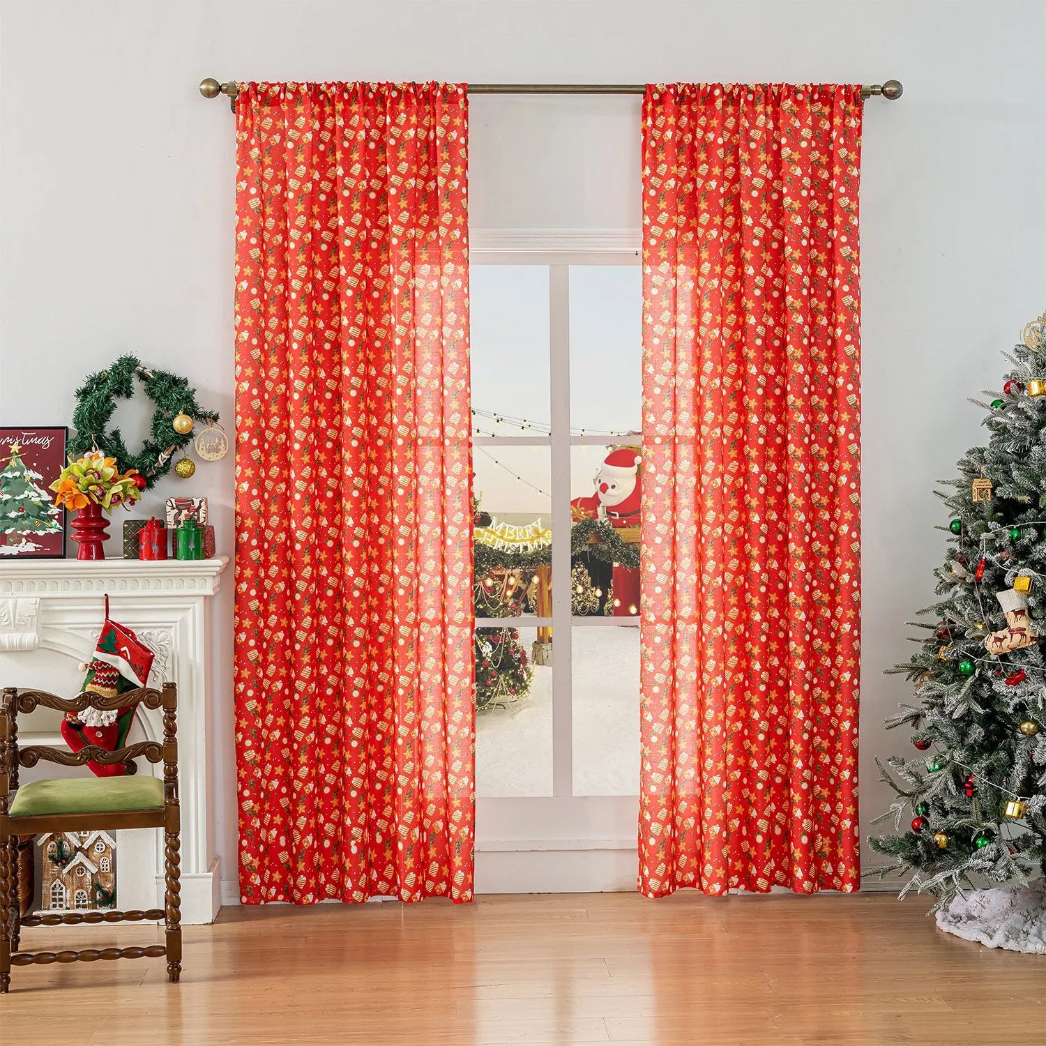 Christmas Snowman Angel Print Curtain showing festive cartoon pattern with 1 metre measurement and semi-sun shade function