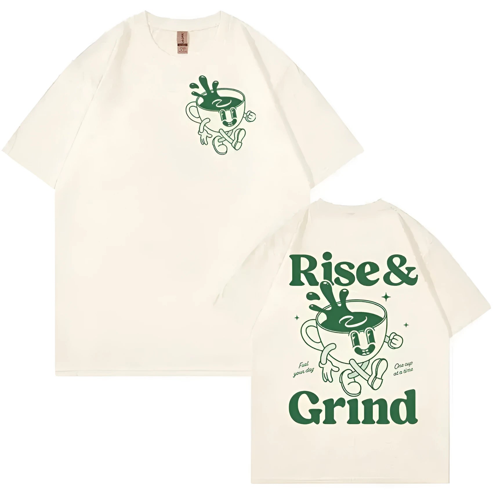 Men's loose grey linen t-shirt with a printed green coffee cartoon and 'Rise and Grind' text.
