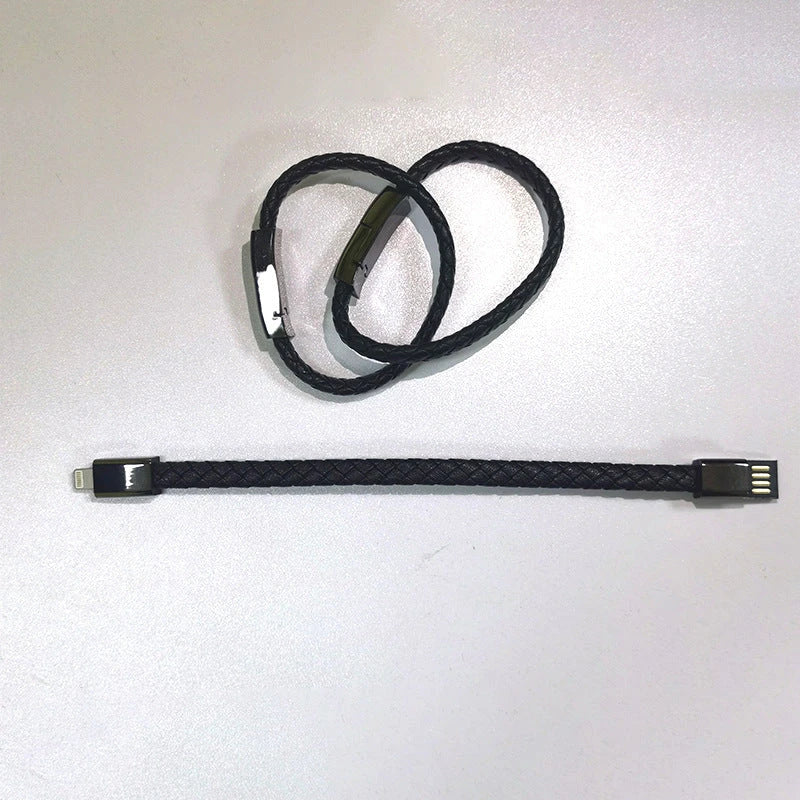 Stylish leather bracelet with built-in charging cable for smartphones and USB-C devices