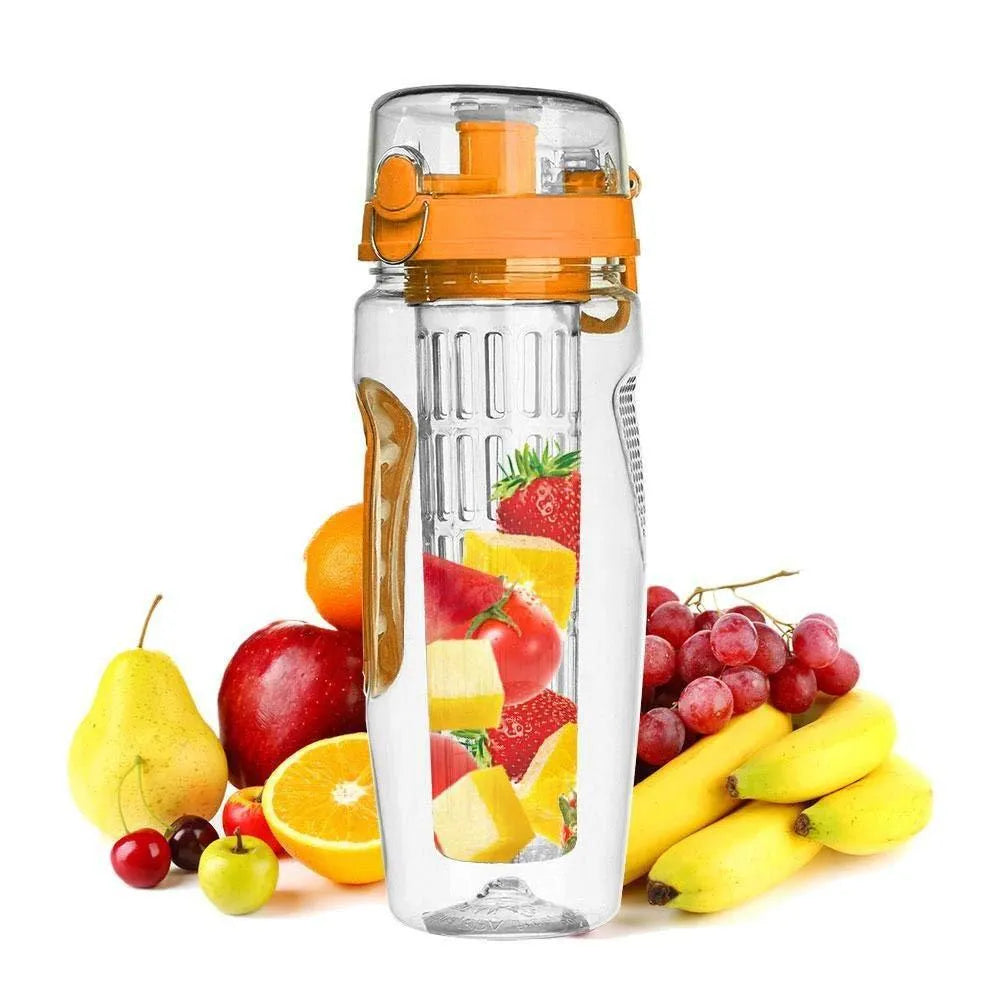 32oz clear Tritan plastic fruit infuser water bottle with a separate fruit cup and leakproof lid.