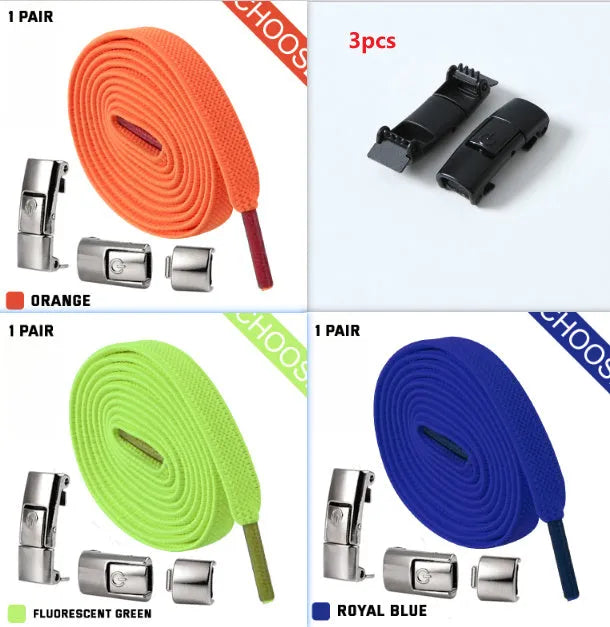 Press lock elastic shoelace with 8mm widened flat profile in assorted colours.