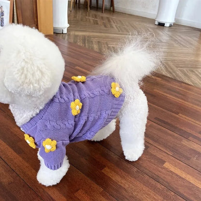 Purple flower print knitted dog clothing shown on small dog with size indicators
