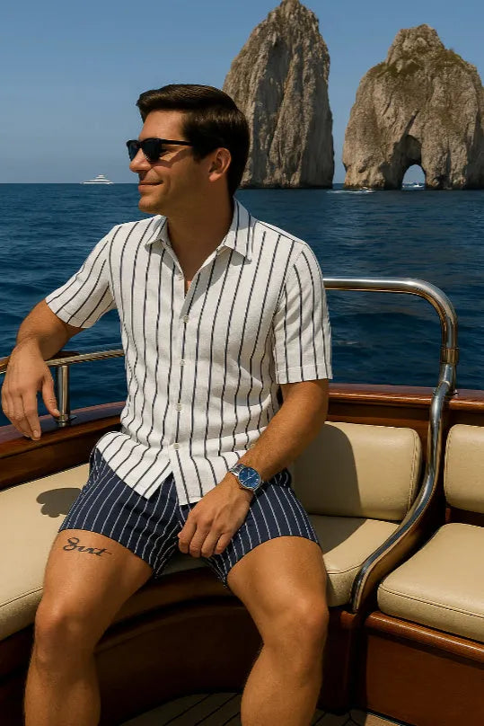 Men's beach shirt and shorts set in four-sided elastic fabric, anti-wrinkle, wear-resistant, sizes S to 4XL