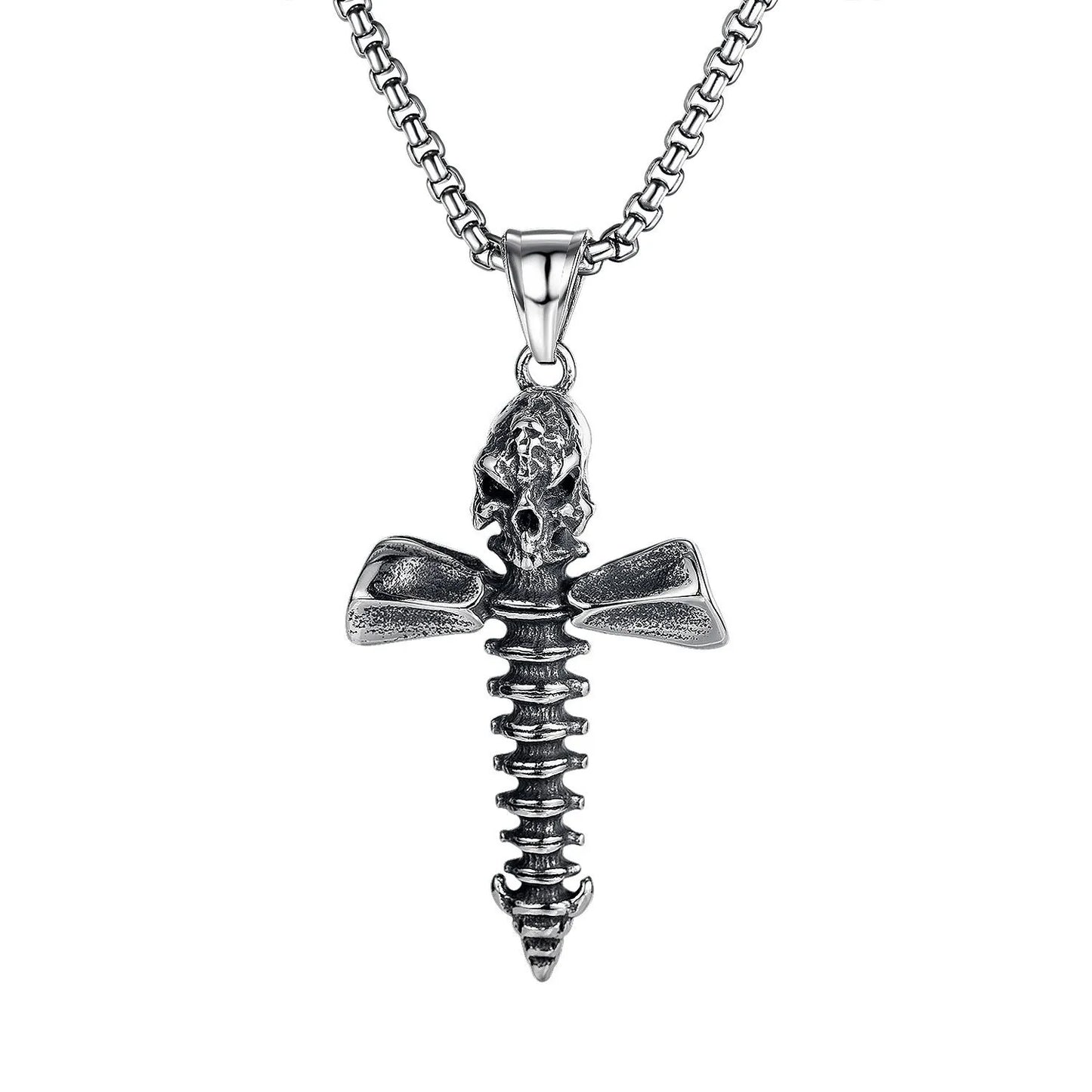 Men's silver electroplated skull necklace with stainless steel chain and alloy pendant showing six design options
