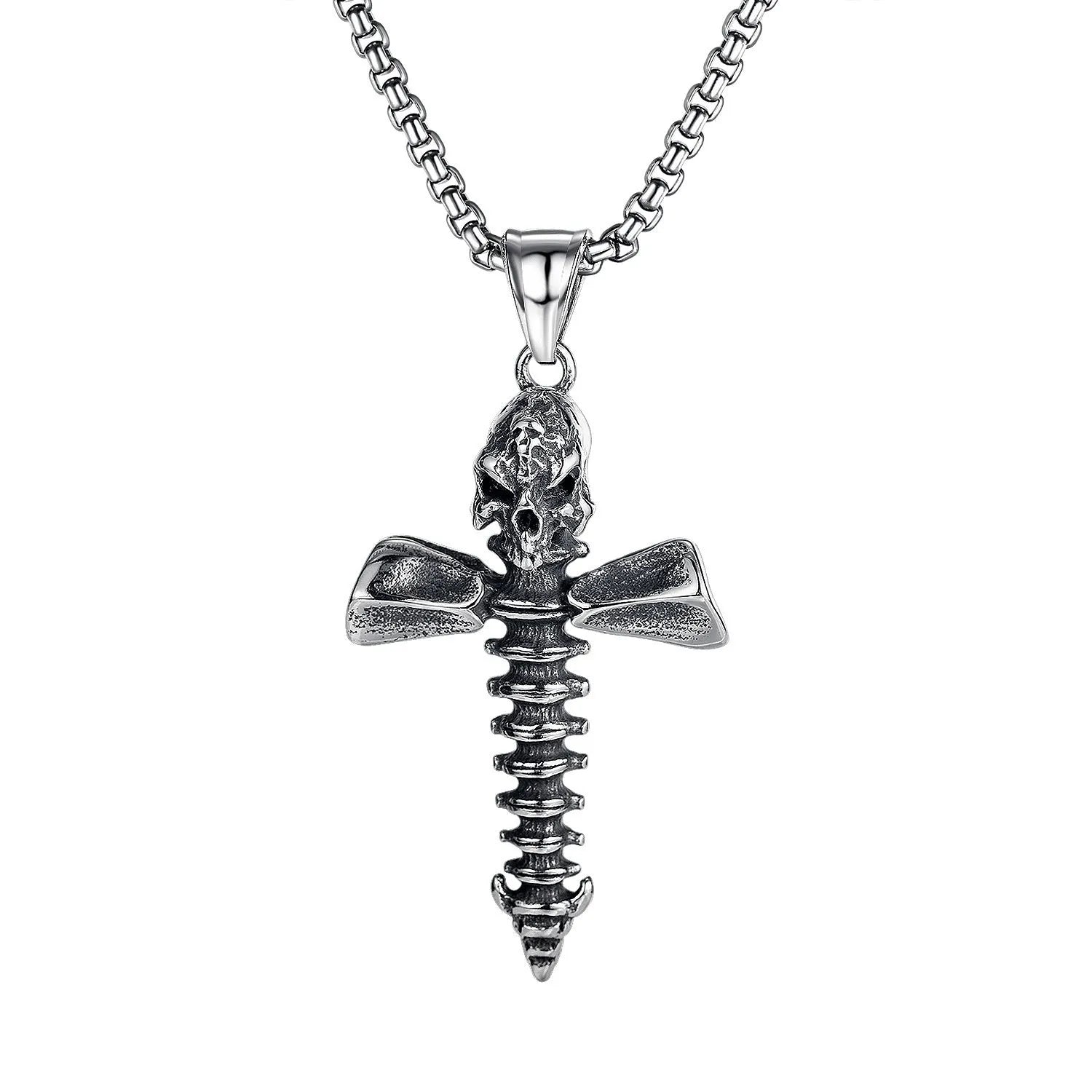Men's silver electroplated skull necklace with stainless steel chain and alloy pendant showing six design options