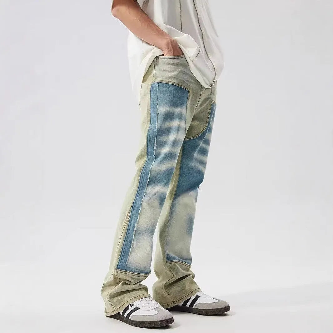 Yellow and blue patchwork splash-ink damaged jeans with mid-waist fit and zip placket