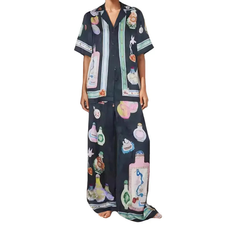 Black women's cardigan and trousers set with cartoon animation print, sizes S to 3XL
