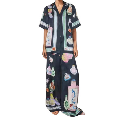 Black women's cardigan and trousers set with cartoon animation print, sizes S to 3XL
