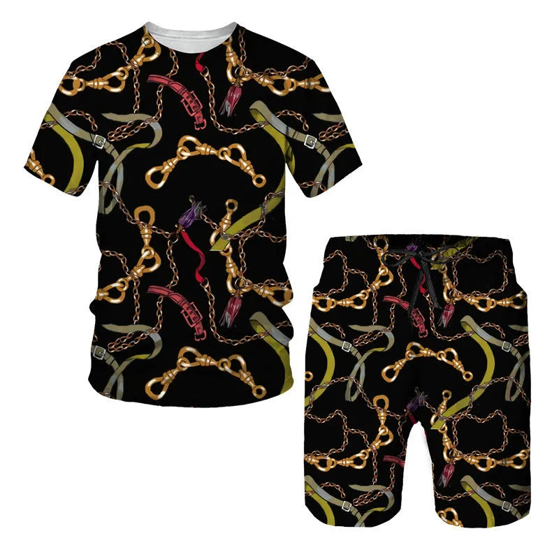 Man wearing a chain pattern digital printed short sleeve T-shirt with matching shorts, summer leisure set.