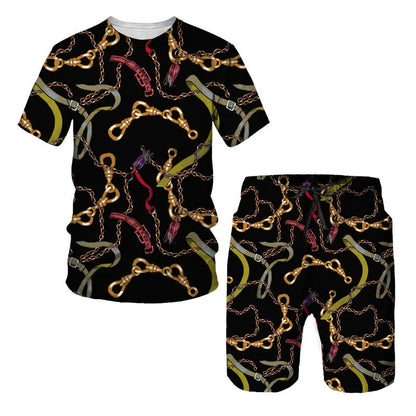 Man wearing a chain pattern digital printed short sleeve T-shirt with matching shorts, summer leisure set.