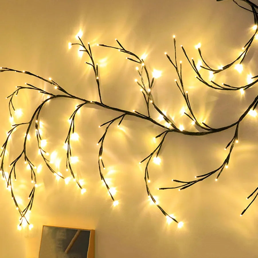 Flexible LED vine garland with bendable branches and 144 warm white lights for room decor