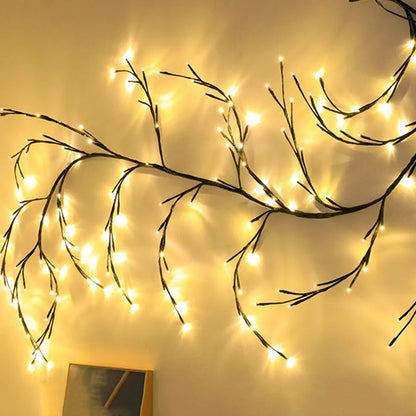 Flexible LED vine garland with bendable branches and 144 warm white lights for room decor