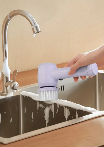 Purple and white 5-in-1 cordless electric rotary brush cleaner set for bathroom sink, kitchen, and window cleaning