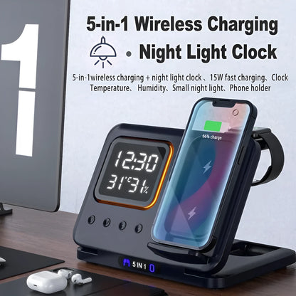 Black wireless charging station showing phone, watch and headphones charging, with digital clock display.