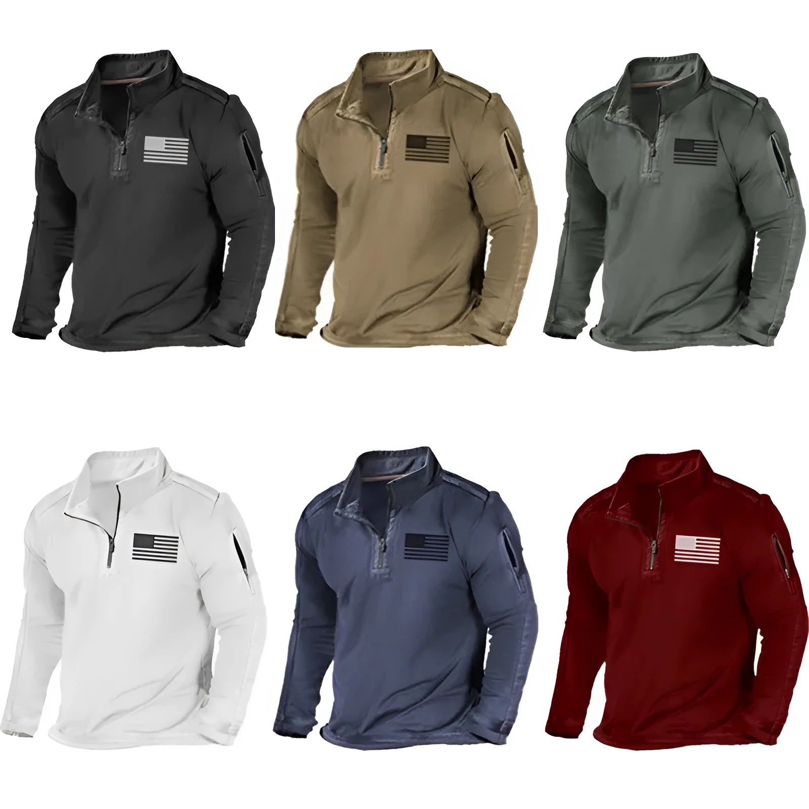 Men's zip-front sweater with stand collar in polyester fibre, showing full-length zip and long sleeves