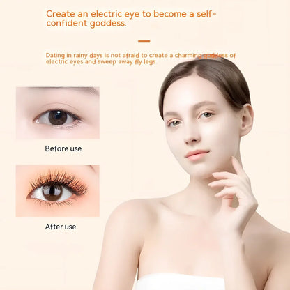 Pink and white electric eyelash curler with USB charging cable and temperature control settings