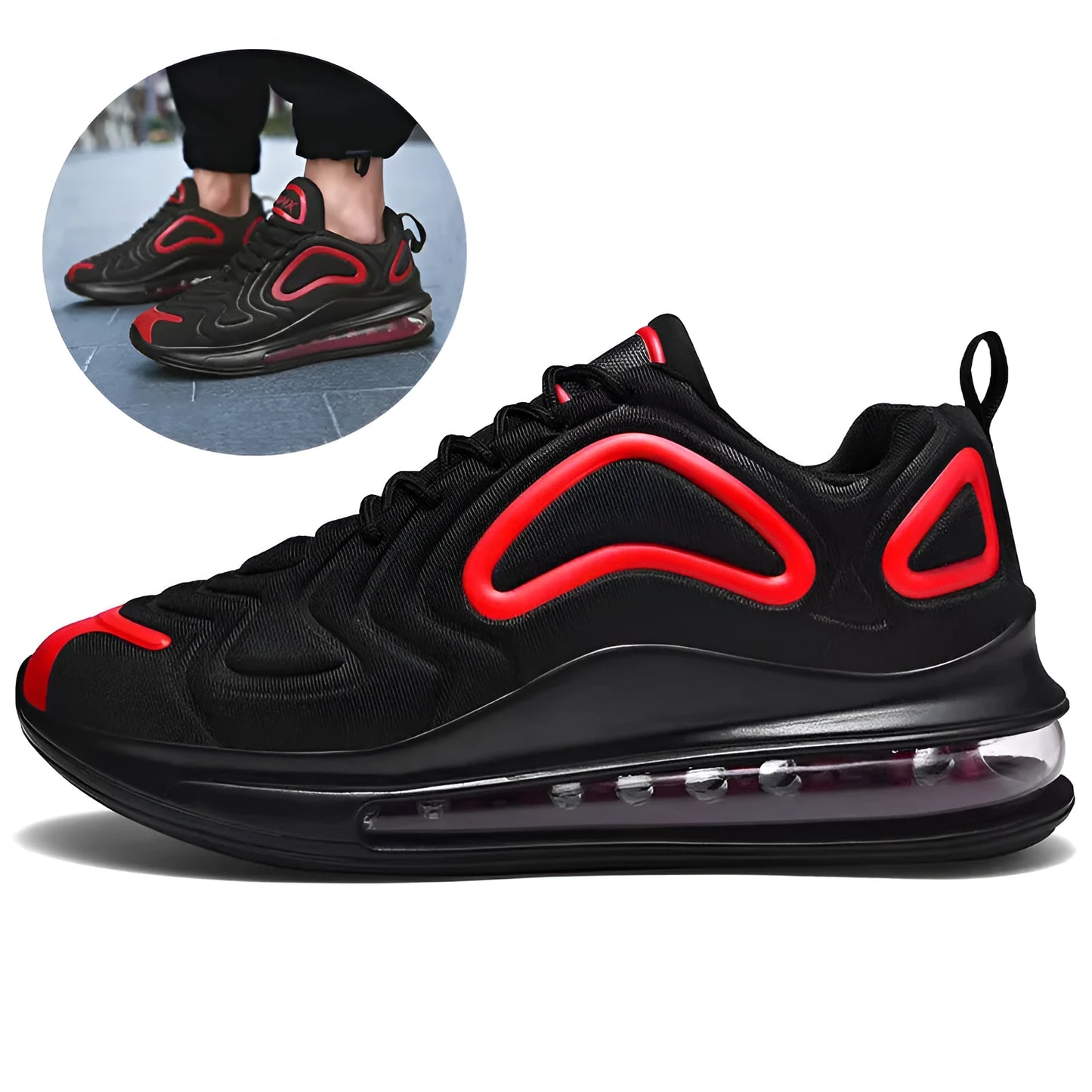 Men's black casual air cushion sneakers with lace-up front and thick sole