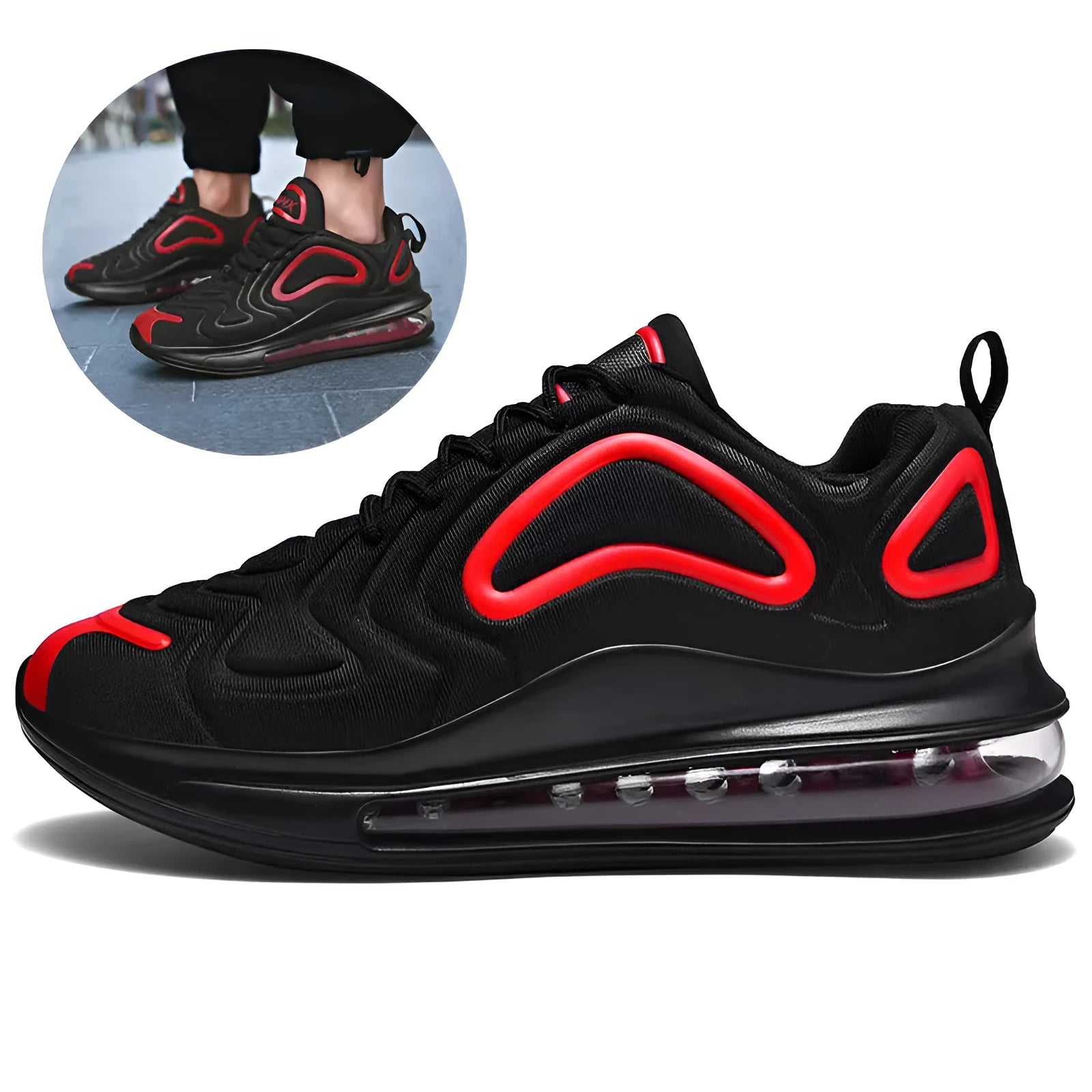 Men's black casual air cushion sneakers with lace-up front and thick sole
