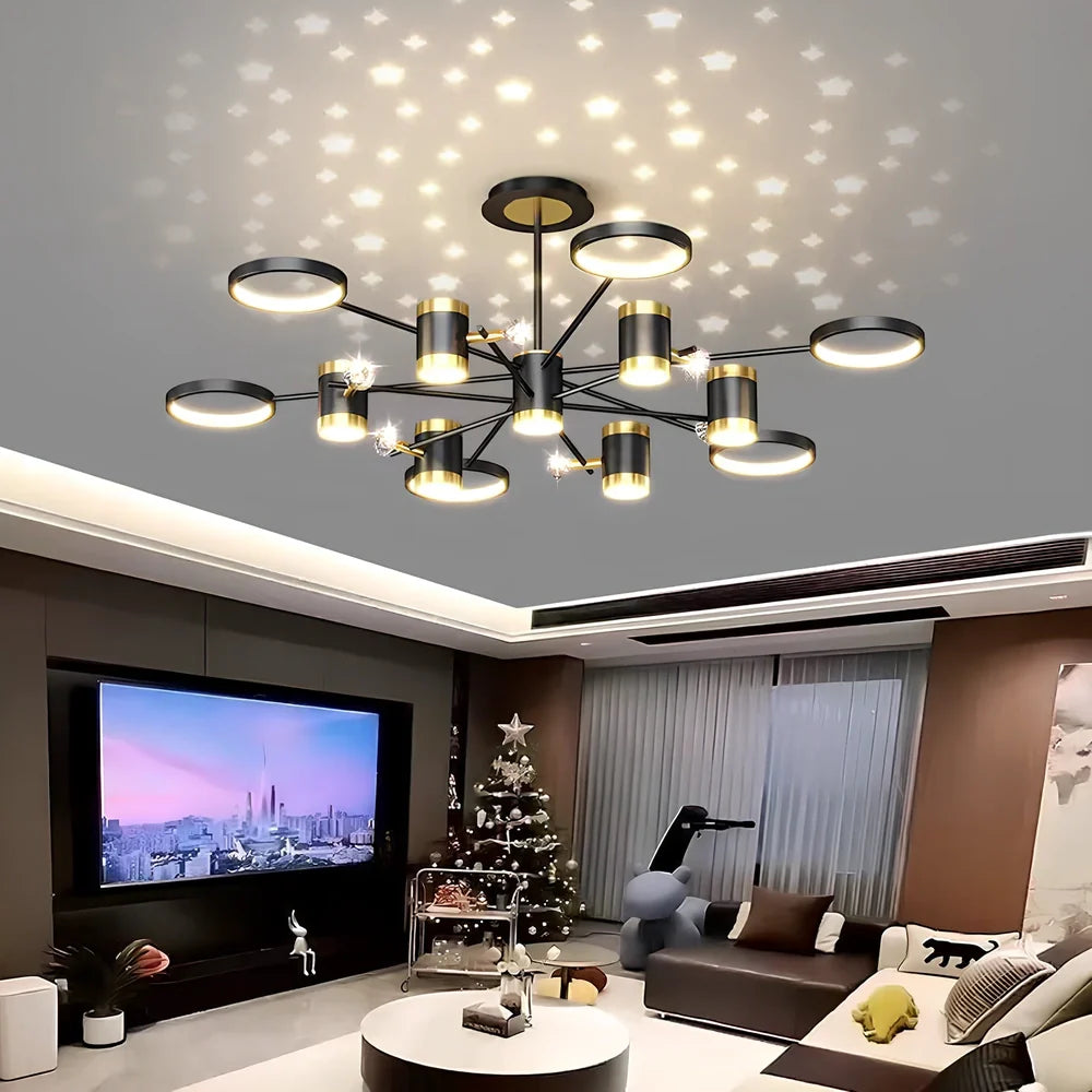 Black iron pendant lamp with 13 light heads, remote control, and adjustable 30cm height for 15-30m² rooms