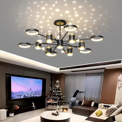 Black iron pendant lamp with 13 light heads, remote control, and adjustable 30cm height for 15-30m² rooms