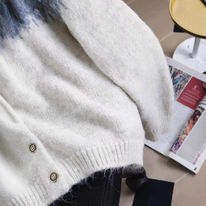 Women's contrast colour jacquard thickened sweater coat in loose fit with long sleeves, available in milky white, brown, and navy blue