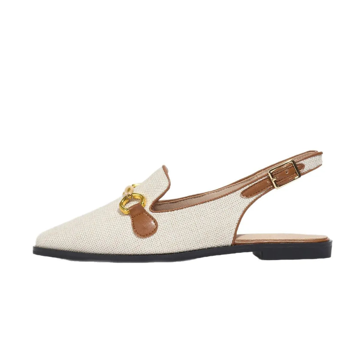 Women's closed toe half slippers with low chunky heel, linen upper, sizes 35-41, black or brown