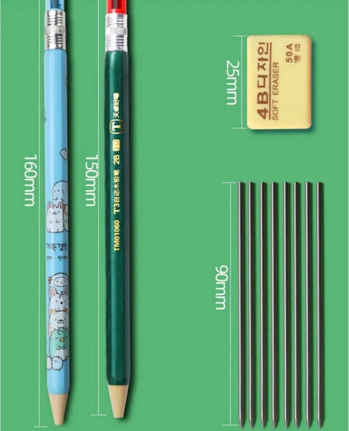 Children's 2B mechanical pencil thick core replaceable plastic design cartoon style pencil set with replacement lead refills and erasers for school writing exams multiple pack options available
