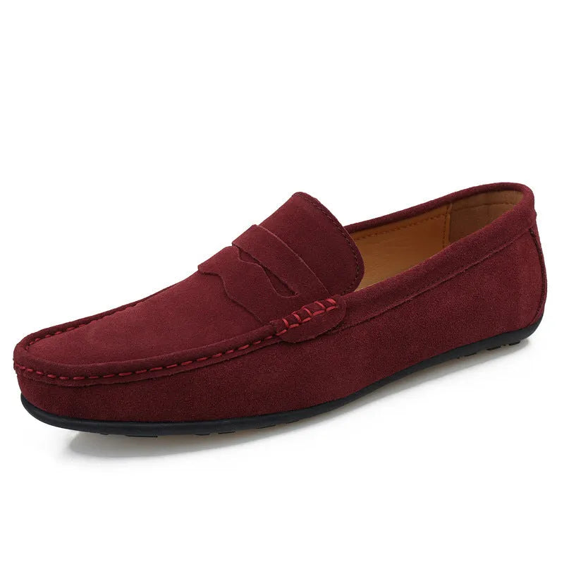 Men's solid colour suede slip-on loafers with round toe and flat rubber sole