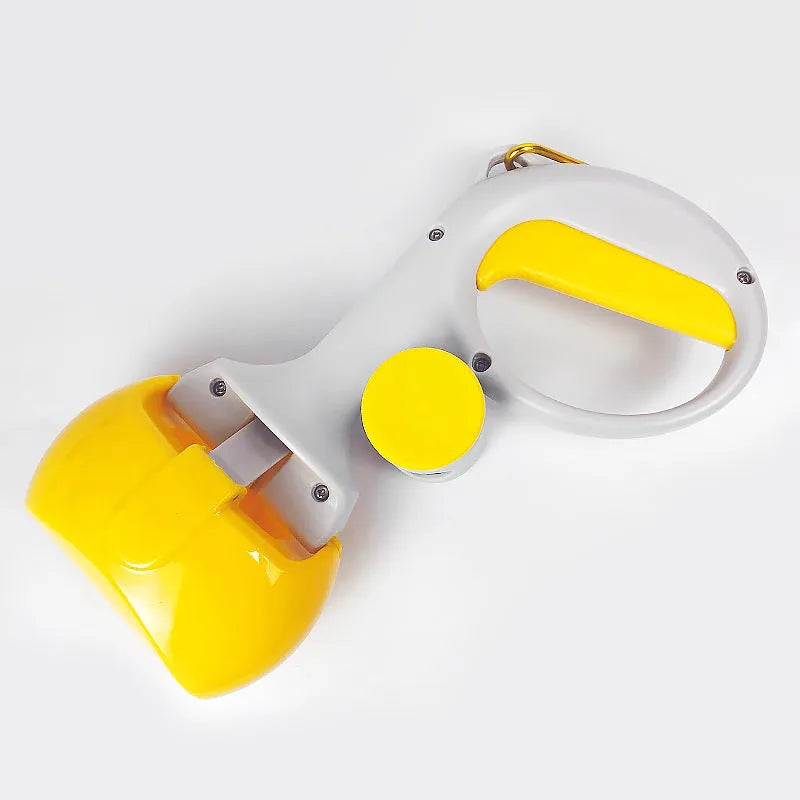 A black ABS plastic pooper scooper with a built-in waste bag holder and a top carrying hook.
