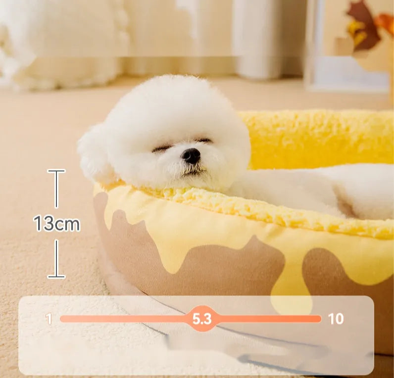 Grey washable dog bed with a detachable cover shown next to a yellow one, sized for a small to medium dog.