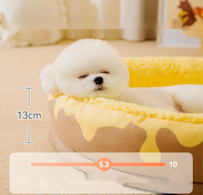 Grey washable dog bed with a detachable cover shown next to a yellow one, sized for a small to medium dog.
