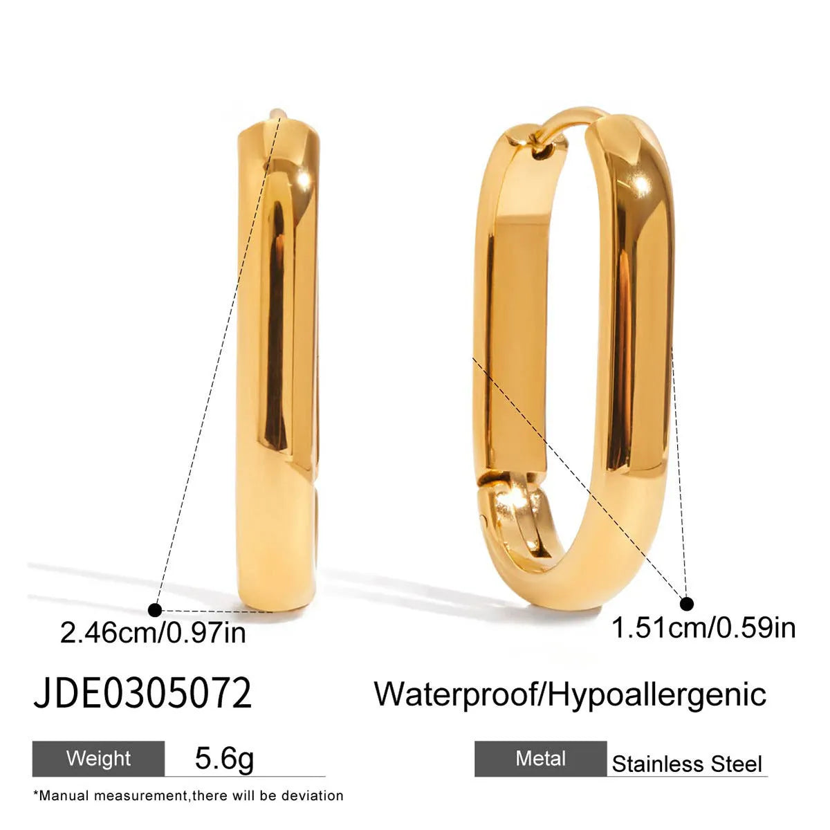 Pair of 18K gold plated stainless steel ear clips with geometric oval ellipse shape for women