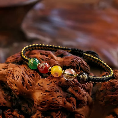 Hand-woven Five Gods of Wealth agate bracelet with geometric stone and red or black braided cord