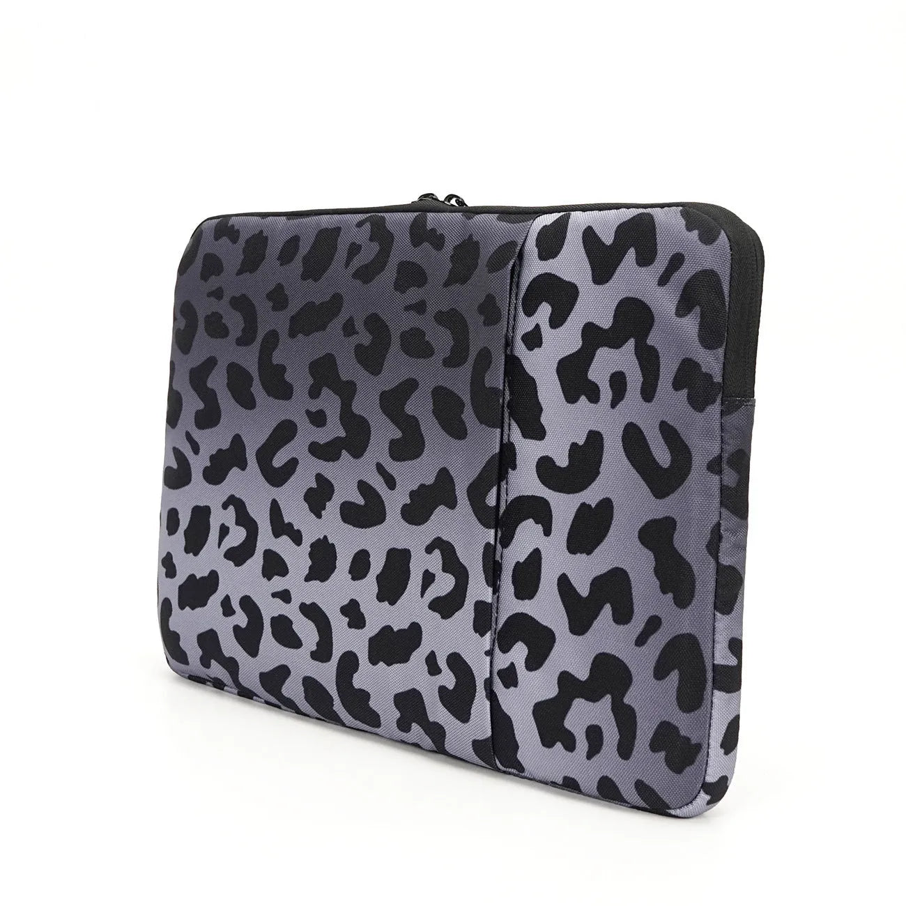 Leopard print laptop protective sleeve for 13 to 16 inch devices on a grey background