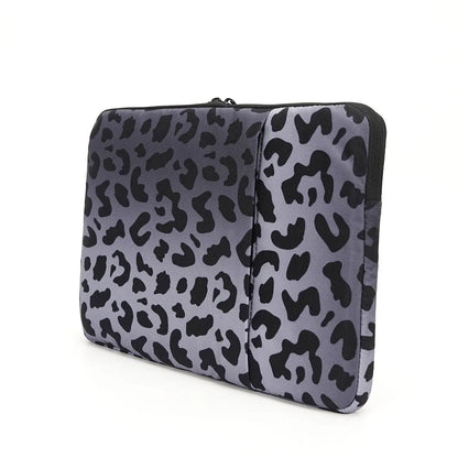 Leopard print laptop protective sleeve for 13 to 16 inch devices on a grey background
