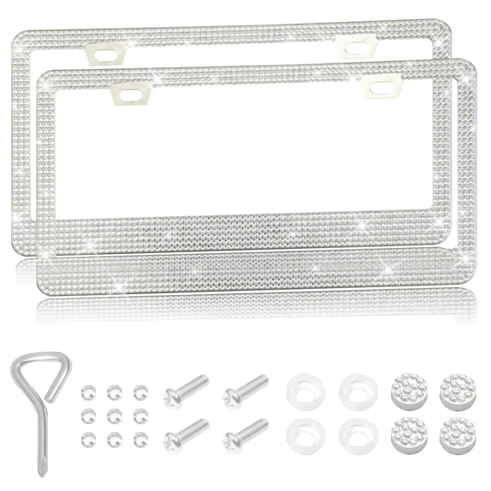 Stainless steel license plate frame with square holes for applying coloured acrylic diamond crystals.