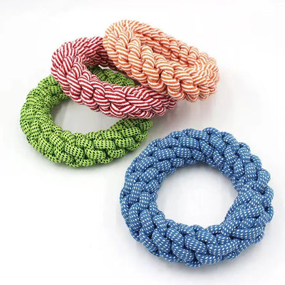 Cotton braided ring knot dog toy showing 18cm diameter, textured knot construction, random colour