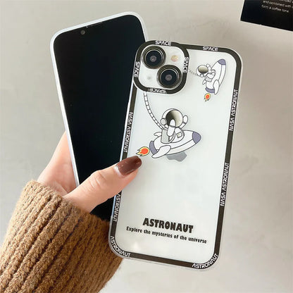 Transparent silicone iPhone case with blue astronaut print, showing compatibility with iPhone models.