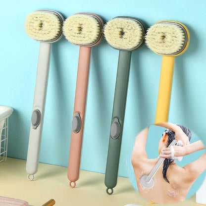 Dual-purpose shower brush with ergonomic handle and detachable head in yellow, grey, green, and pink