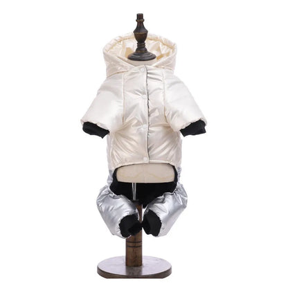 Green waterproof four-legged dog coat on pet showing full coverage design