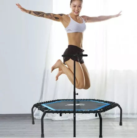 Hexagonal fitness trampoline with handrail for home and gym use